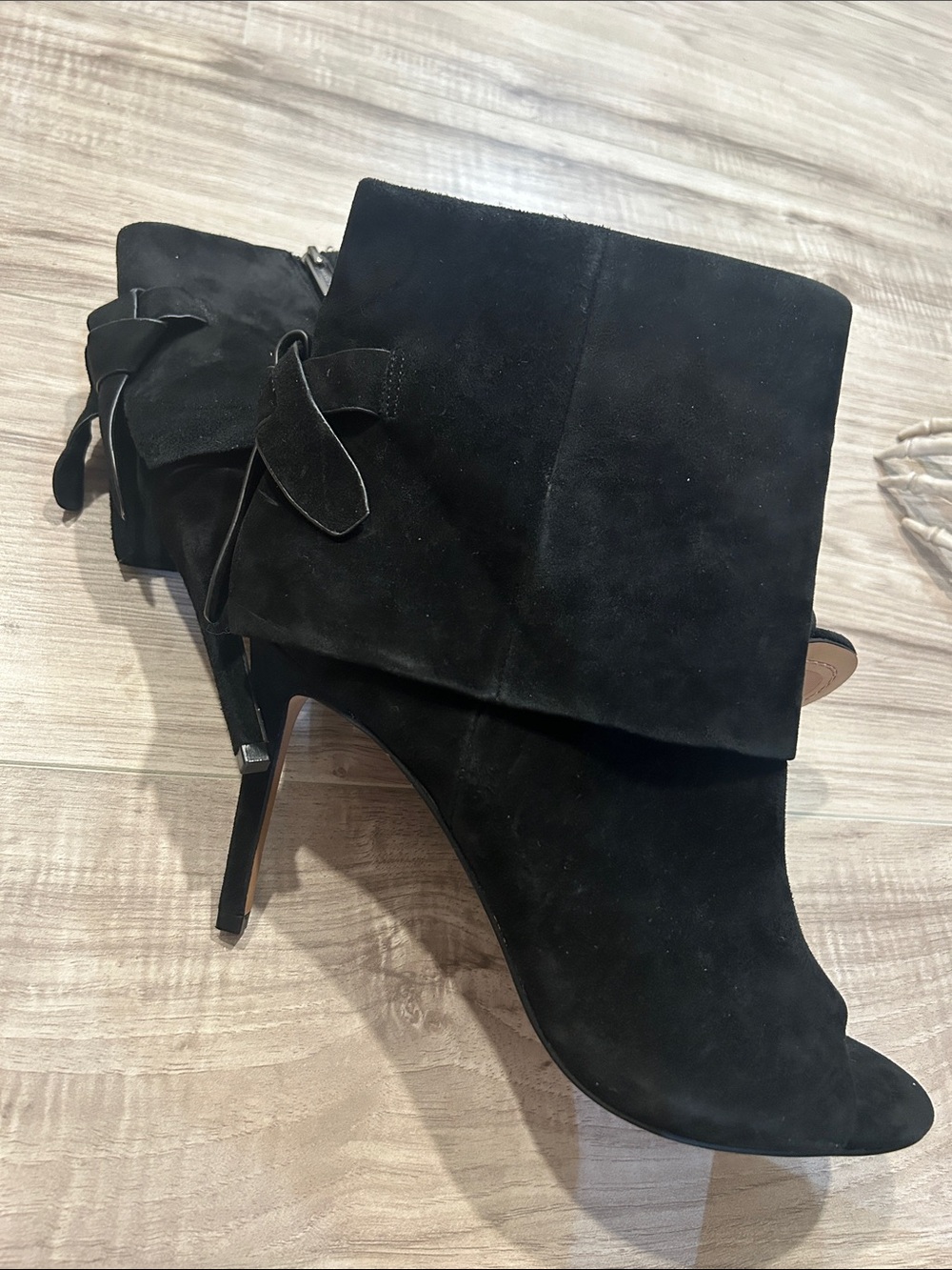 🌴Black Suede Fold-Over High Heel Ankle Boots - Women's
